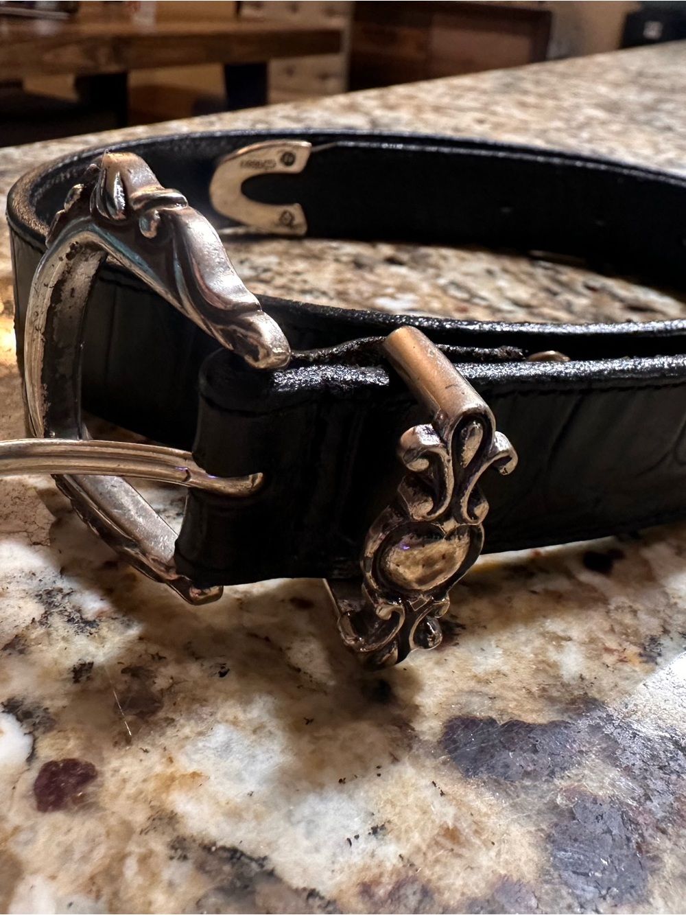 Brighton Black Leather Belt with Ornate Silver-Tone Buckle